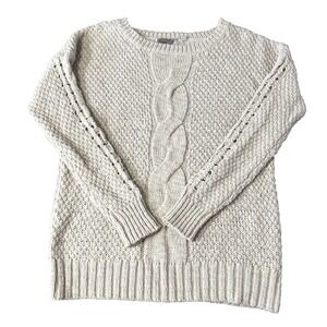 Ecote Cable Knit Sweater Womens L Cozy Wheat White Wool Alpaca Blend Long Sleeve
